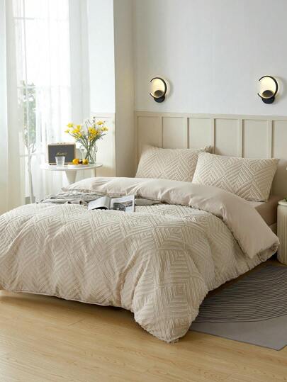 3 件米色簇绒几何图案羽绒被套套装（1 件羽绒被套 + 2 件枕套，不含枕芯），柔软双色设计床上用品套装，适用于卧室和客房，易于护理的超细纤维柔软床上用品套装，柔软透气，防皱，更适合睡眠，豪华酒店风格，送给妈妈爸爸朋友的礼物，被子被套*1 枕套*2