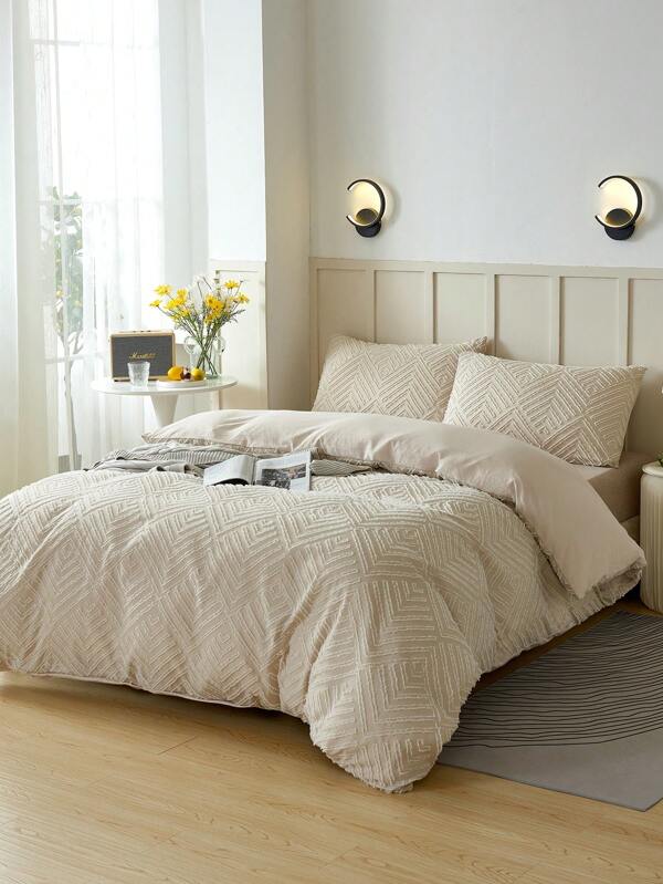 3Pcs Beige Tufted Geometric Pattern Duvet Cover Set (1pc*Duvet Cover + 2pcs*Pillowcase, No Pillow Core), Soft Two Tone Design Bedding Set For Bedroom & Guest Room Easy Care Microfiber Soft Bedding Set Soft Breathable Wrinkle-Free Better For Sleep, Luxury Hotel Style, Gift For Mom Dad Friend, Quilt Comforter Duvet Cover*1 Pillowcase*2