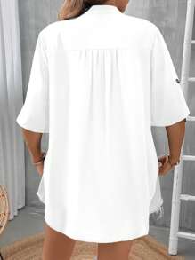 SHEIN LUNE Plus Size Women'S Rolled Up Sleeve Shirt - White - View 2