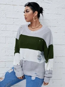 Calvaya Women's Plus Size Color Block Distressed Round Neck Sweater Knit Pullover Fall Winter - Multicolor - View 4