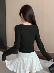 DAZY 女式抽绳腰长袖T恤，秋季服装 - 黑色 - 查看 4