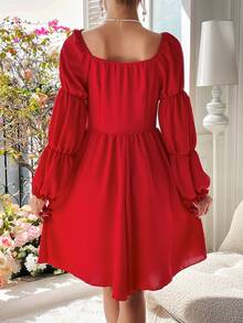 SHEIN Privé 女士素色蓮藕袖玉頸裙 - 紅色 - 查看 2