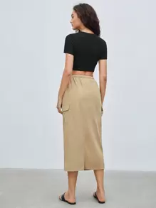 BizChic 女士純色t恤和裙子套裝,休閒風格 - 黑色 - 查看 2