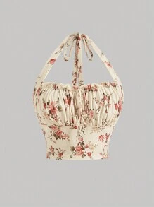 SHEIN MOD Top halter con estampado floral pecho con fruncido - Multicolor - Ver 1
