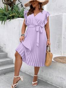 Franclia Plus Size Plain Ruffled Hem Belted Dress With A Belt - Purple - View 4