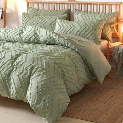 3 件绿色簇绒几何条纹图案羽绒被套套装（1 件羽绒被套 + 2 件枕套，不含枕芯），柔软双色设计床上用品套装，适用于卧室和客房