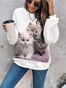 SHEIN LUNE Sudadera informal de cuello redondo y ajuste holgado con estampado de animales para mujer con hombros caídos - Blanco - Ver 3