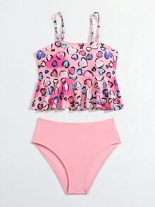 Tween 女孩心形圖案印花掛脖比基尼套裝 - 粉色 - 查看 5
