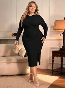 SHEIN Clasi 大尺碼女性褶皺側裂長裙 - 黑色 - 查看 5