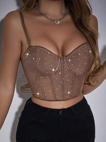 Allurite Top De Camisola De Malla Con Diamantes De Imitación - Marrón - Ver 5