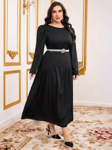 Modelyn Plus Size Women'S Long Puff Sleeve Round Neck Bubble Dress - Black - View 1
