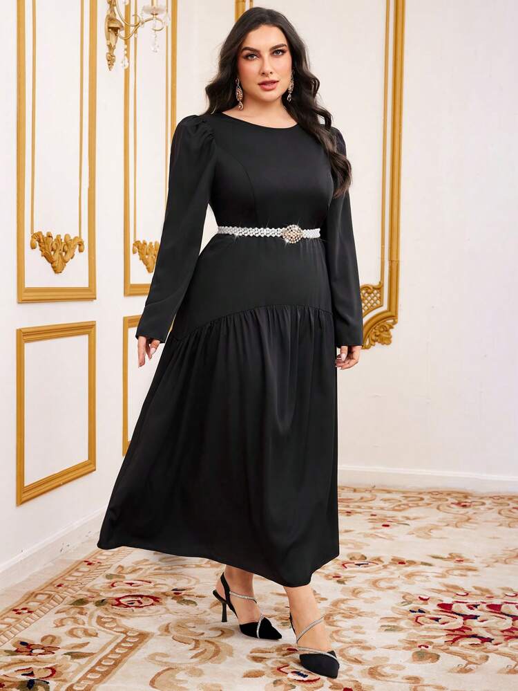 Plus Size Women'S Long Puff Sleeve Round Neck Bubble Dress