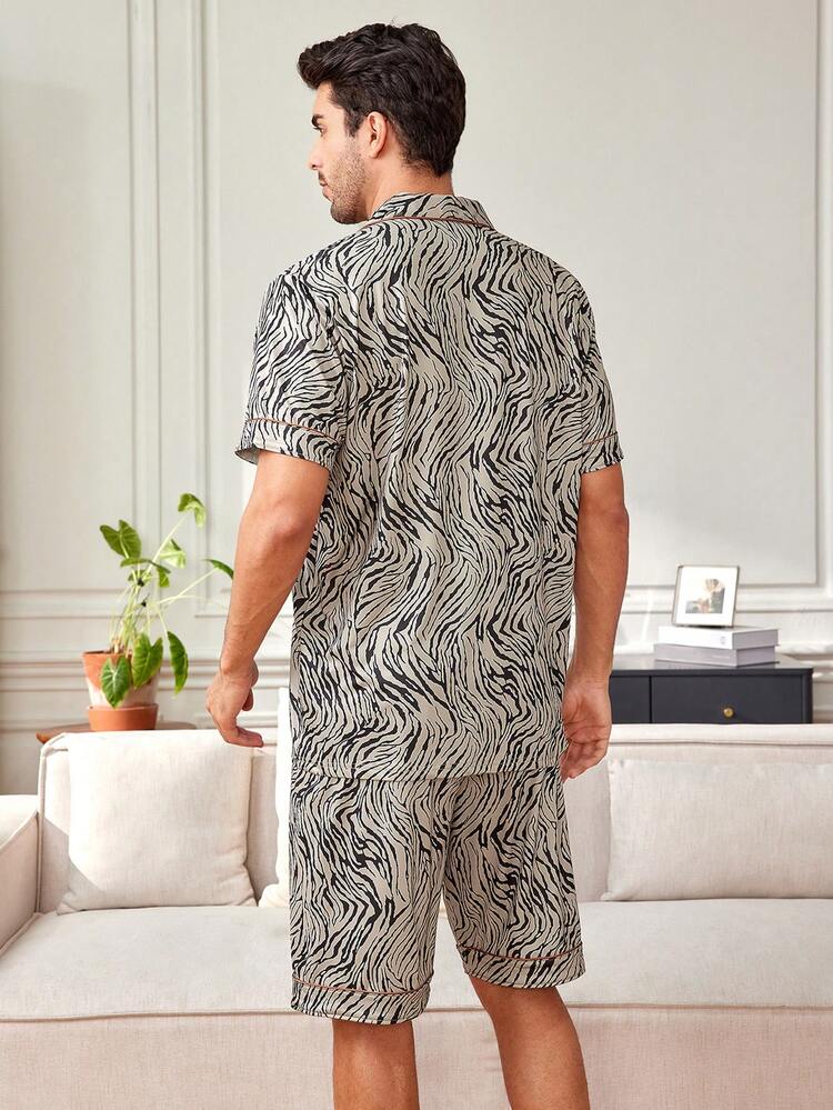 Men'S Zebra Pattern Color-Block Rolled Edge Short Sleeve Shirt And Shorts Home Wear Set