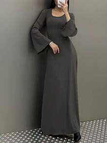 Đầm dài tay loe cổ tròn đơn giản thanh lịch hàng ngày thu đông cho nữ - Màu xám đen - Xem 3