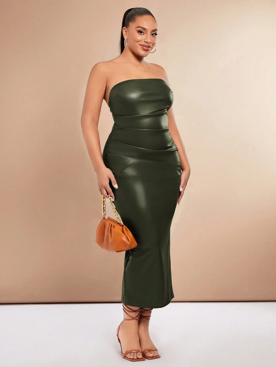 SHEIN BAE 大尺碼女款無肩帶百褶連身裙 - 軍綠色 - 查看 1