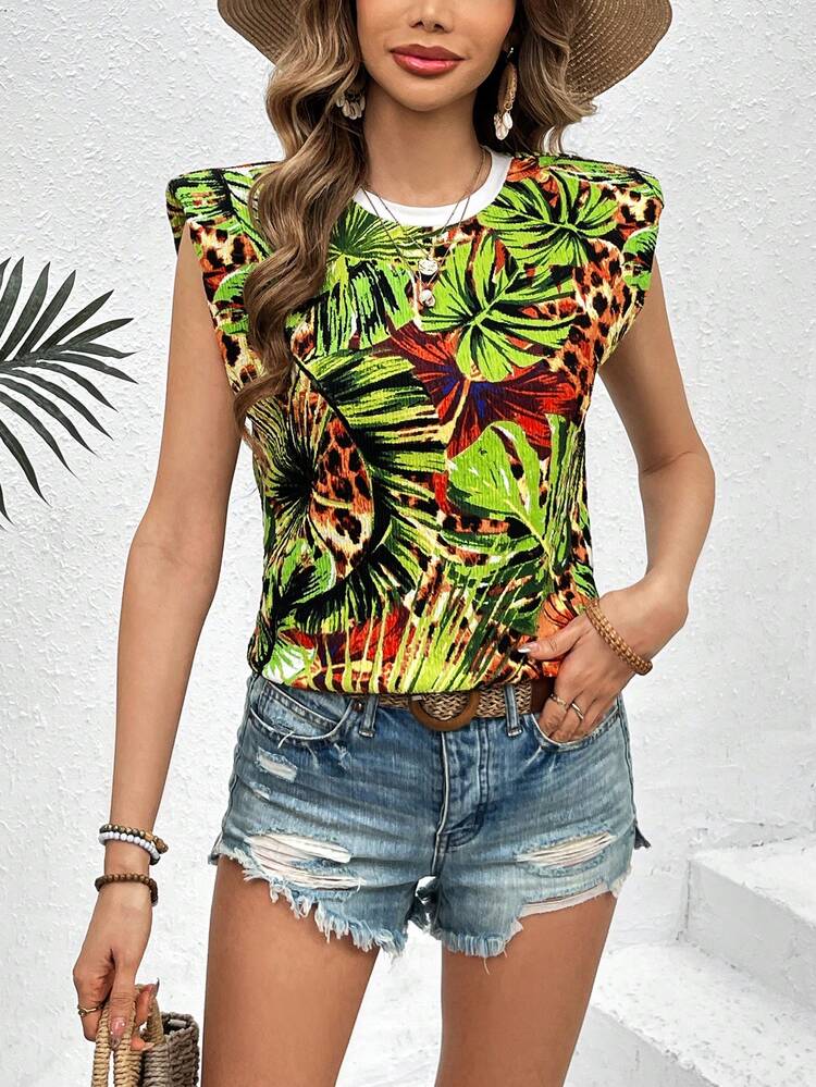 Tropical Printed Padded Shoulder T-Shirt