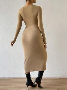 Chiquease 方領長袖修身毛衣和針織裙兩件套裝 - 卡其色 - 查看 2