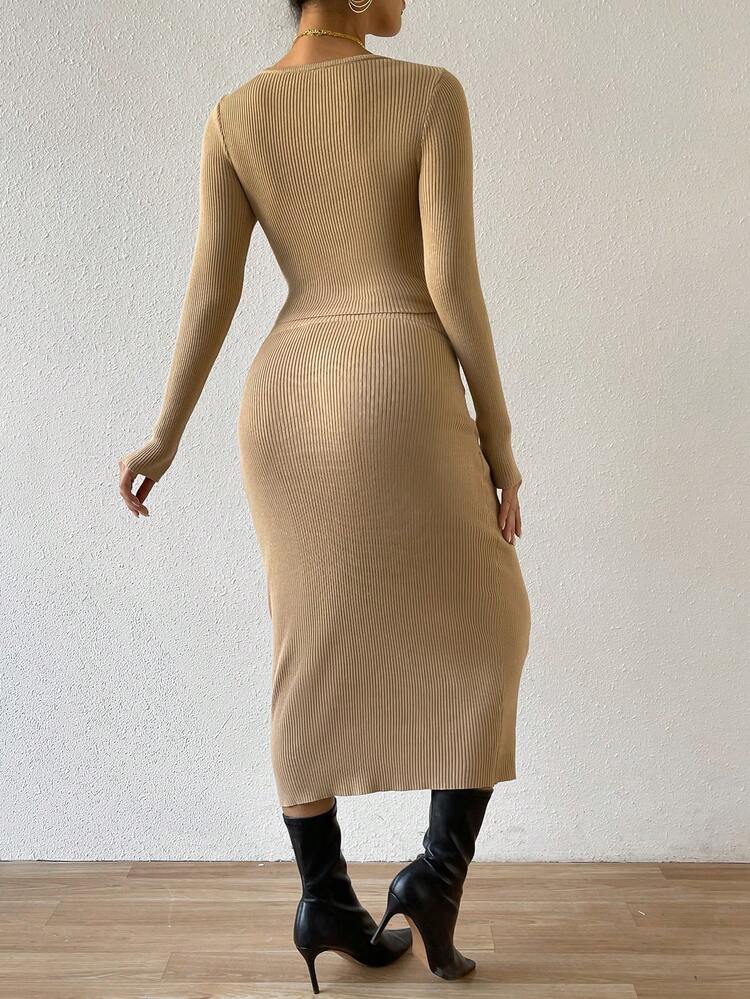 Square-Neck Long-Sleeved Slim-Fit Sweater And Knitted Skirt Two-Piece Set Fall Cloth For Women