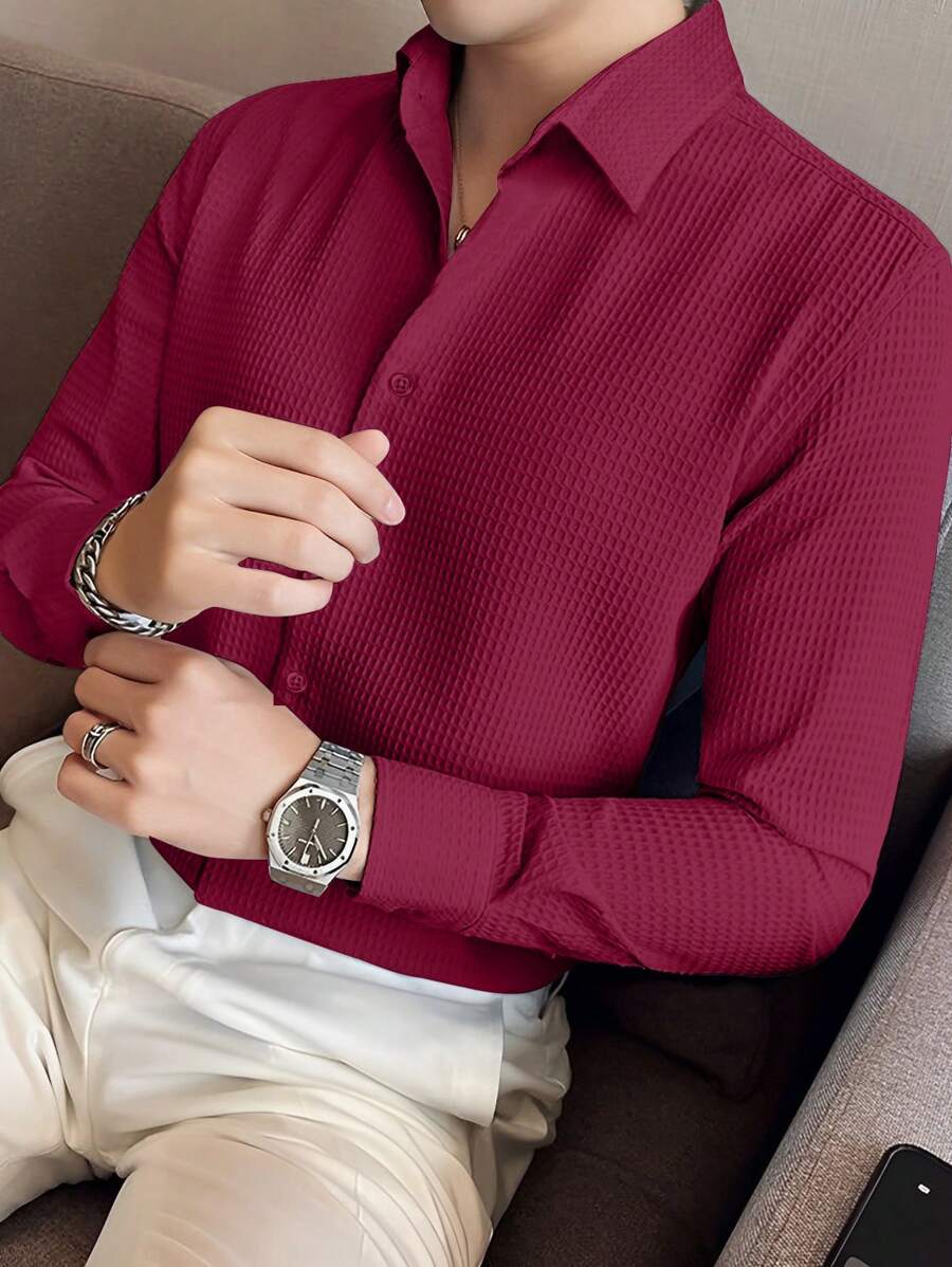 Manfinity Mode 男士長袖襯衫 - 酒紅色 - 查看 1