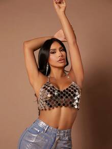 SHEIN SXY 亮片裝飾鍊條細節無背心上衣 - 銀色 - 查看 6