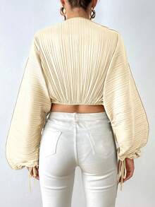 SHEIN Essnce 女性紋理束口蝙蝠袖襯衫 - 杏色 - 查看 2