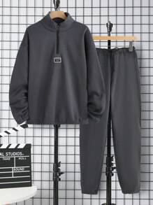 Men'S Half-Zip Sweatshirt And Joggers Tracksuit Set With Letter Patch - Grey - View 1