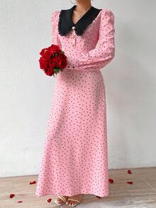 SHEIN Privé 女款撞色翻領心型印花a字收腰連身裙 - 粉色 - 查看 6