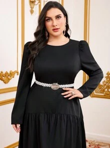Modelyn Plus Size Women'S Long Puff Sleeve Round Neck Bubble Dress - Black - View 4
