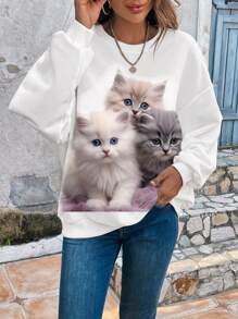 SHEIN LUNE Sudadera informal de cuello redondo y ajuste holgado con estampado de animales para mujer con hombros caídos - Blanco - Ver 5