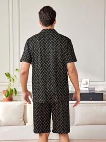 Men'S Geometric Pattern Short Sleeve Shirt And Shorts Homewear Set