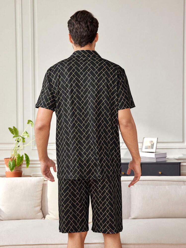 Men'S Geometric Pattern Short Sleeve Shirt And Shorts Homewear Set