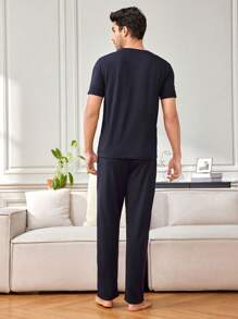 Men's Striped Print Short Sleeve Homewear Set - Navy Blue - View 2