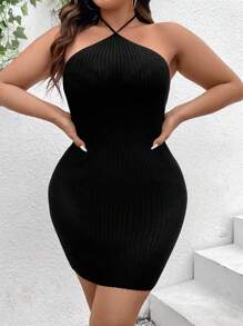 SHEIN Clasi Plus Size Solid Color Halter Neck Sweater Dress - Black - View 5