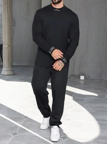 Manfinity Homme Men'S Plus Size Black Printed Sweatshirt And Pants Two Piece Set - Black - View 3