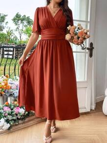 Franclia Plus Size Solid Color Cinching Waist Split Side Dress Maxi Women Outfit