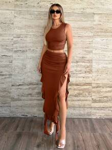 Allurite Women's Solid Color Pu Leather Two-Piece Set - Brown - View 1