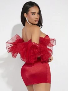 SHEIN SXY Trang phục sinh nhật ngày lễ tình nhân Áo corset hở vai Áo bèo nhún và váy Bộ đồ ngày lễ tình nhân màu đỏ - Đỏ - Xem 2