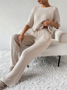 SHEIN Unity 女士肋紋圓領t恤和長褲套裝 - 杏色 - 查看 1