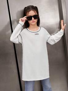 SHEIN Tween女孩寬鬆復古撞色拼接梭織裝飾圓領長袖t卹 - 白色 - 查看 3