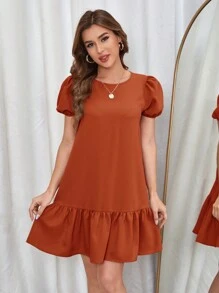 SHEIN VCAY 荷葉邊下擺泡泡袖連身裙 - 鏽棕色 - 查看 1