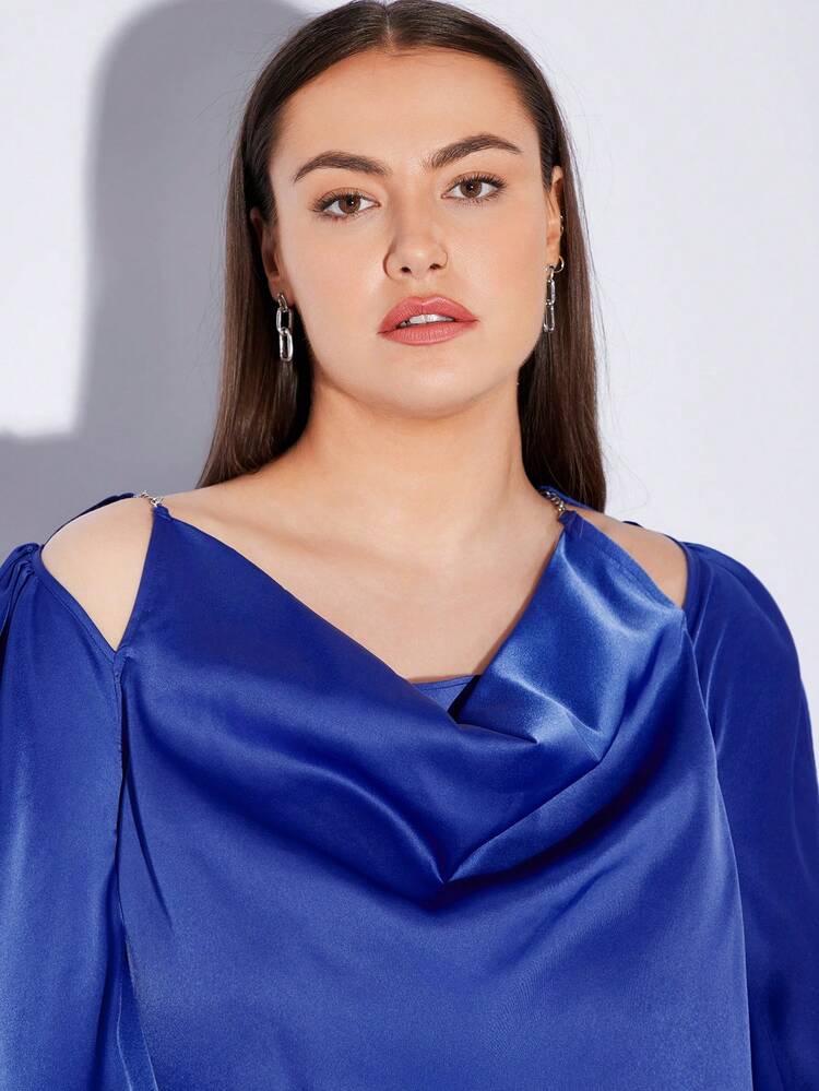 Plus Size Solid Color Draped Collar Off Shoulder Blouse