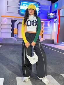 SHEIN EZwear Của phụ nữ Thon gọn Cổ cao Áo thun Với Khối màu Số In - trắng - Xem 5