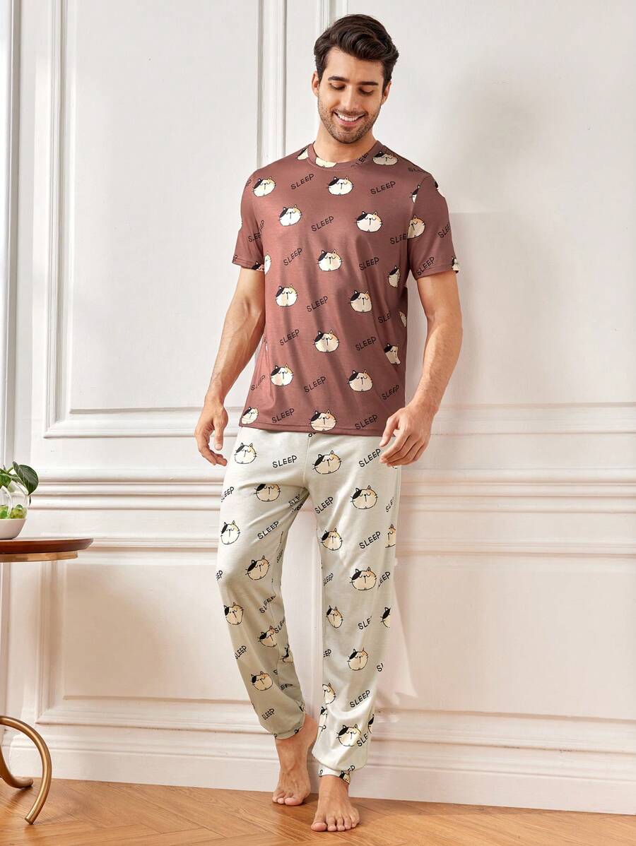 Men'S Cartoon Letter Print Homewear Set