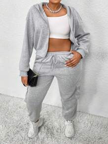 Flirla 大尺碼女裝帽前拉鍊運動服套裝,包括上衣和褲子 - 淺灰色 - 查看 3