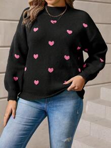 Calvaya Women's Plus Size Heart Pattern Round Neck Drop Shoulder Sweater - Black - View 6