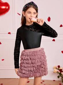 SHEIN 女童針織皮革拼接紗網T恤，親膚柔軟 - 黑色 - 查看 6