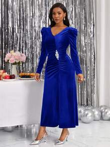 SHEIN Lady 女式開衩包覆麂皮裙,具有羊腿袖