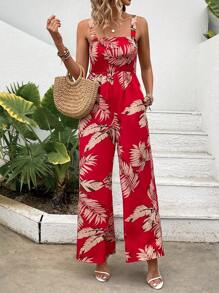 SHEIN VCAY 女士熱帶植物印花細肩帶連體褲 - 紅色 - 查看 4