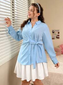 SHEIN MOD 大尺碼女性時尚腰帶長袖襯衫