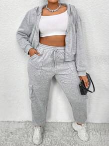 Flirla 大尺碼女裝帽前拉鍊運動服套裝,包括上衣和褲子 - 淺灰色 - 查看 6